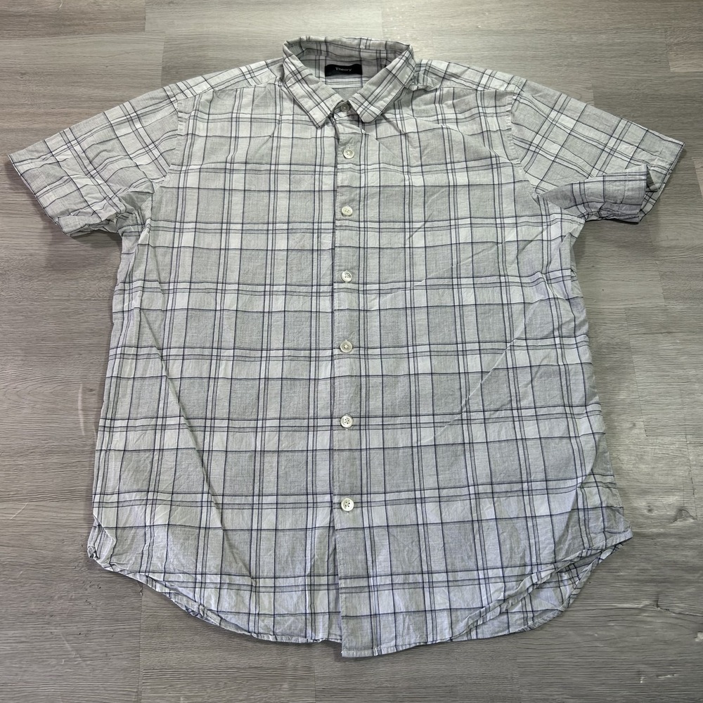 Theory Shirt Mens Medium Gray Plaid Short Sleeve Button Up Cotton Summer Casual